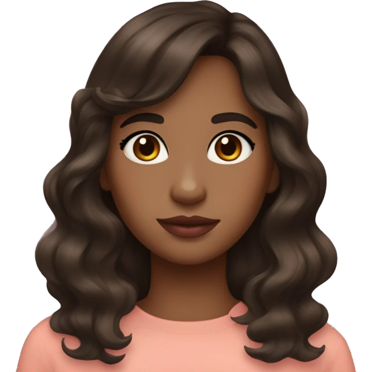 Pretty girl with slightly wavy dark brown hair, curtain bangs, brown eyes, slight blush, and coral-pink lipstick  emoji