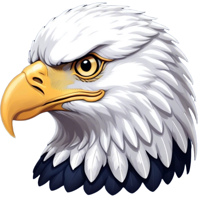 Cinematic Noble American Eagle Portrait Emoji, Poised and regal, with a powerful, broad build, a distinctive white-headed silhouette contrasting a dark, formidable body, and piercing, intense eyes, Simplified yet sharp and sophisticated features, highly detailed, glowing with a soft, majestic radiance, high shine, intelligent and commanding, stylized with an air of national pride, focused and vigilant, soft glowing outline, capturing the essence of a watchful and confident American eagle that appears ready to soar out of the screen with effortless authority! emoji