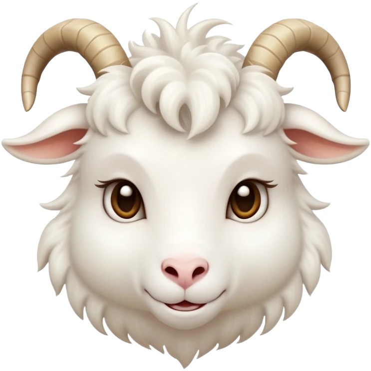 cinematic-cute-white-goat-portrait-emoji,-head-tilted-playfully-and-inquisitively,-featuring-a-fluffy,-immaculate-white-fur-with-charming-curved-horns,-round,-sparkling-eyes-filled-with-gentle-curiosity,-simplified-yet-irresistibly-adorable emoji