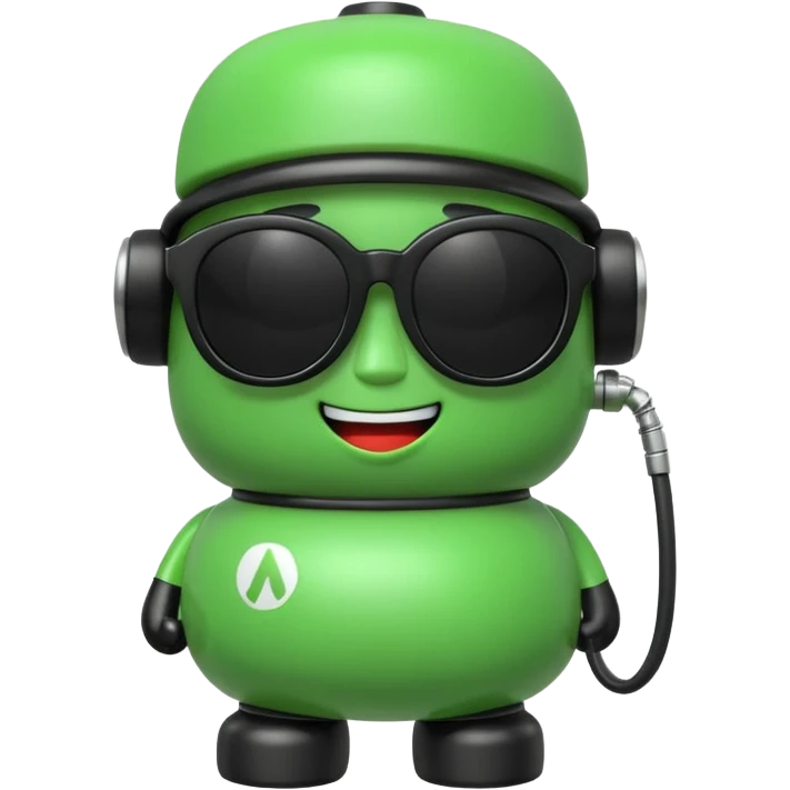 A cute 3D icon of a green gas pump character wearing oversized black sunglasses. Round and chubby proportions, glossy toy-like texture, soft pastel lighting, friendly expression, smooth edges, high-quality render, isolated on a transparent background. emoji