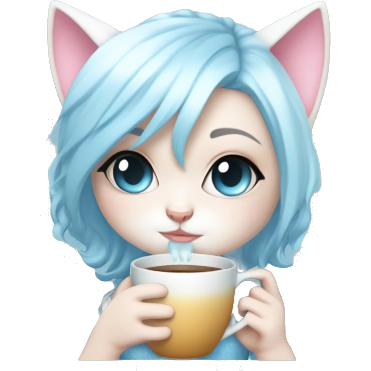 CHIBI WHITE SKIN CAT BABY BLUE AND BABY PINK SHOR HAIR GIRL WITH ONE EYE BLUE AND THE OTHER WHITE. ALSO SHE IS SIPPING A CUP emoji