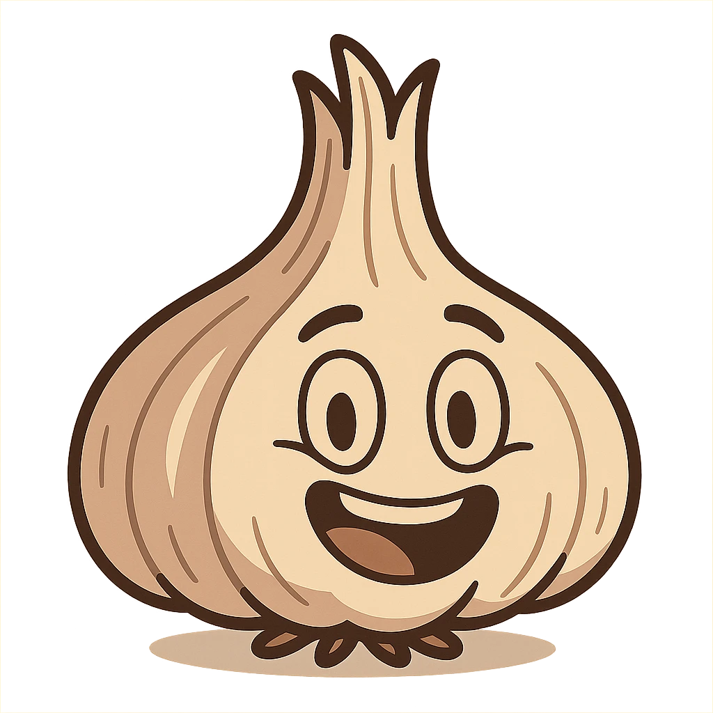 cartoon style garlic bulb with a smiling face, cute and expressive emoji