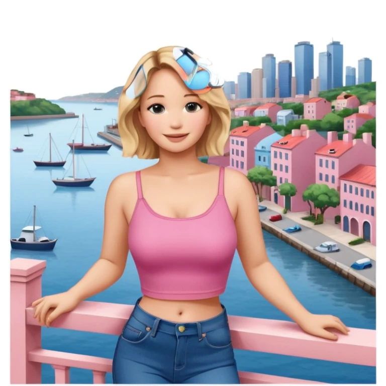 jennifer lawrence, pink crop top, and blue jeans, leaning on a balcony with a harbor and cityscape in the background, smiling emoji