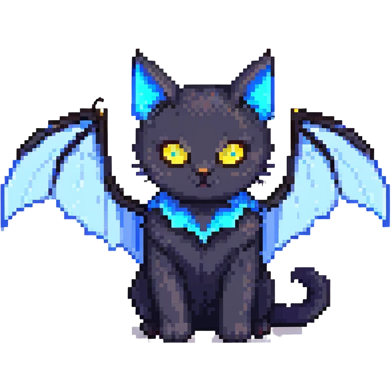 black cat with blue bat wings and glowing yellow eyes emoji