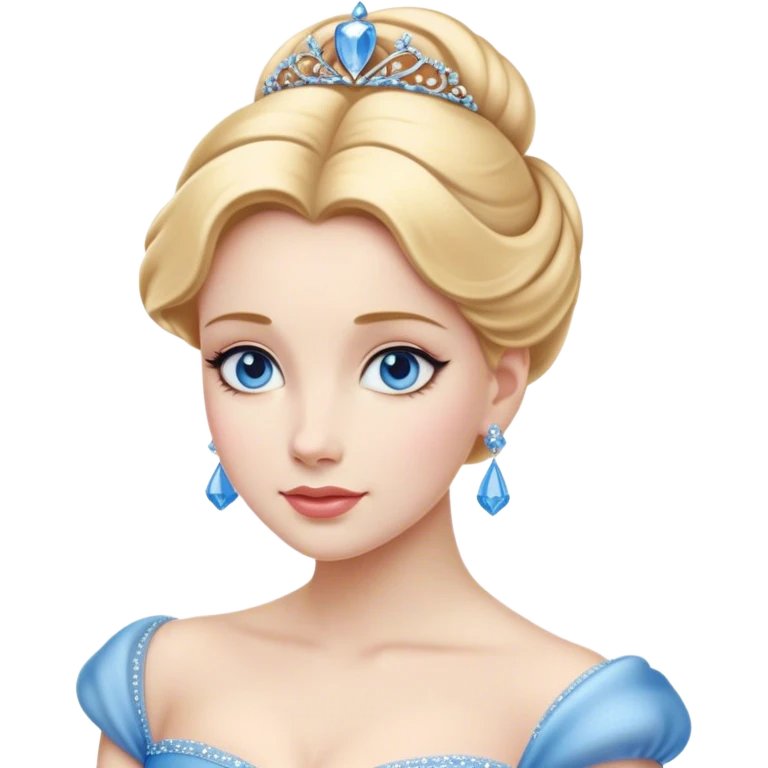 Cinematic Realistic Noble Cinderella Portrait, depicted with porcelain skin rendered in lifelike detail and soft, natural lighting that highlights every delicate nuance. Her intricately styled golden-blonde hair is arranged in an elegant updo, and her deep, expressive blue eyes radiate quiet determination. She wears her classic ball gown with rich fabric textures and delicate folds catching the light beautifully, all set against a subtly glowing, natural background that captures the essence of timeless royal grace. emoji