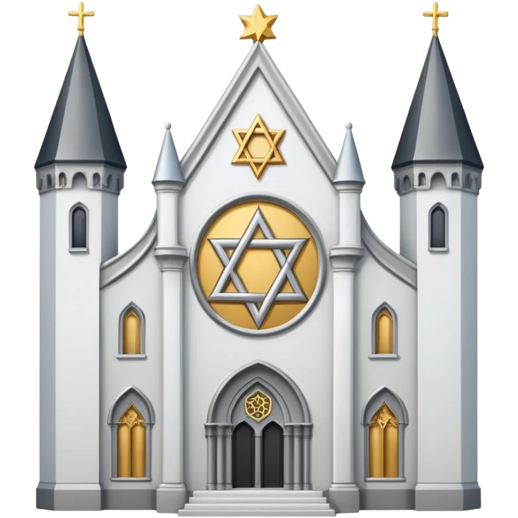 reform jewish synagogue similar in architecture to historical religious architecture in europe. the building should be white with silver/golden features, gothic architectural elements and star of david. no crosses. the emoji should be in ios emoji style. emoji