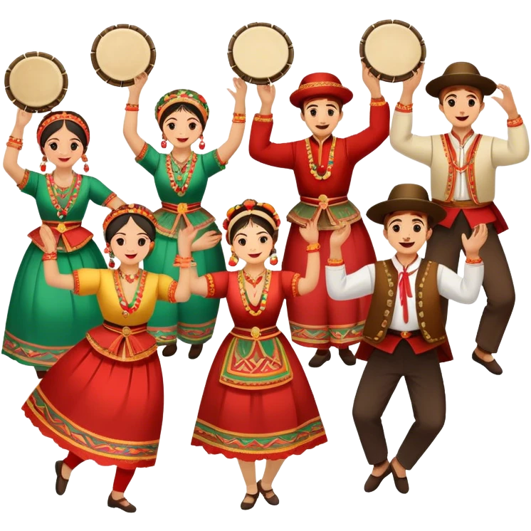 Icon for Folk Dance: a group of men and women performing a national dance in vibrant traditional costumes, with some holding castanets and tambourines. The icon should capture the festive and cultural energy of folk dance. Transparent background. emoji