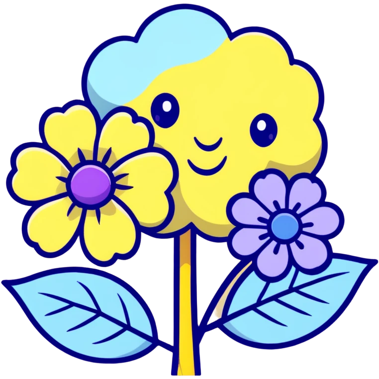 Whimsical hydrangea flower with sweet expression, fluffy round flower cluster in lovely purple-blue gradient, and adorable small leaves emoji