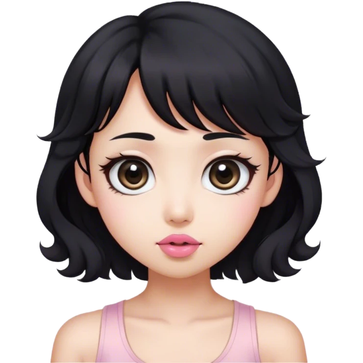 Black hair with a little brunette/ white tank top/asian but a little bit look like foreigner/ big eyes/ with blush/ small face/ pink lip/ long curly hair/ French bang/ emoji
