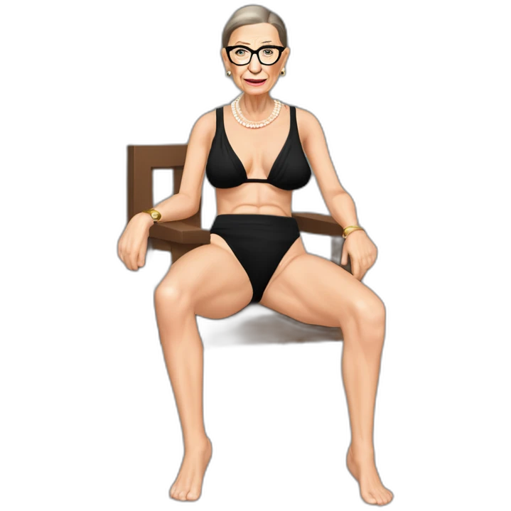 sexy ruth bader ginsburg wearing string bikini with crotchless bikini bottoms bare chest (full body, ios17, sitting legs apart) emoji