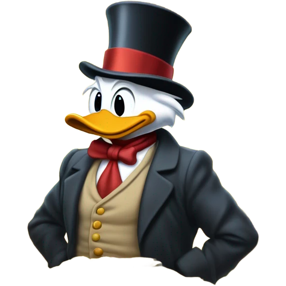 a slim successful looking scrooge mcduck standing atop a pile of money emoji