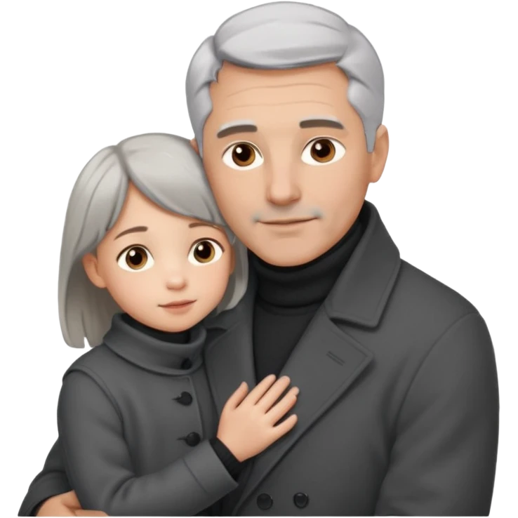 A father with silver-grey hair styled neatly and a clean-shaven face, wearing a dark turtleneck and wool coat, holding his girl child gently. The child has light brown hair and a soft white dress. Warm cinematic lighting, emotional close-up. emoji