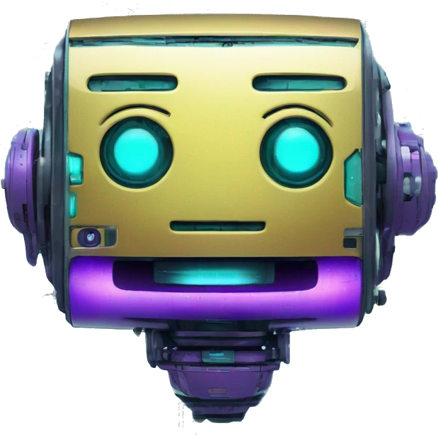 Smily face robotic scanning device, cyberpunk, cyan and purple colors, friendly, futuristic, binary code emoji