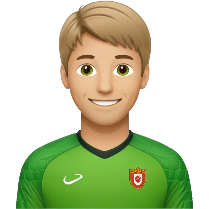 Edwin Van De Sar as an apple style emoji, wearing a green goalkeeper kit, smiling emoji