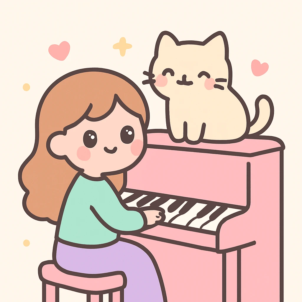 woman playing piano while her cat sits on top of the piano emoji