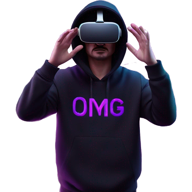 Russian man wearing a black hoodie with "OMG" letters on it and VR headset oculus quest 2 in a cyberpunk VR environment with violet neon lighting. Showing direction with hand emoji
