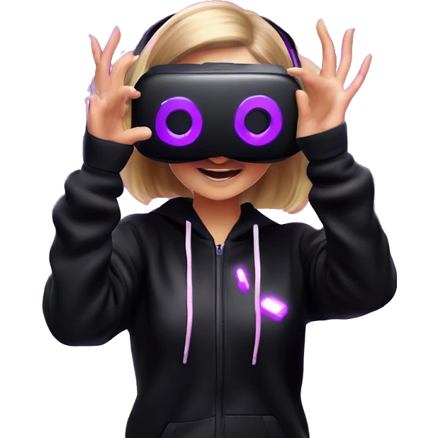 Russian girl wearing black hoody with violet letters "OMG", in vr headset oculus quest2. Dancing. Cyberpunk style. Violet neon. emoji