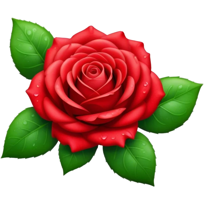 Cinematic Realistic Rose Emoji, Elegant and full of grace, with velvety, deep red petals unfurling in a perfect bloom, dew drops glistening on the soft edges, and a faint fragrance hanging in the air. The lush green leaves surround the stem, creating a vibrant contrast to the rich color of the petals. Soft glowing outline, capturing the essence of timeless beauty and romance in a single bloom. emoji