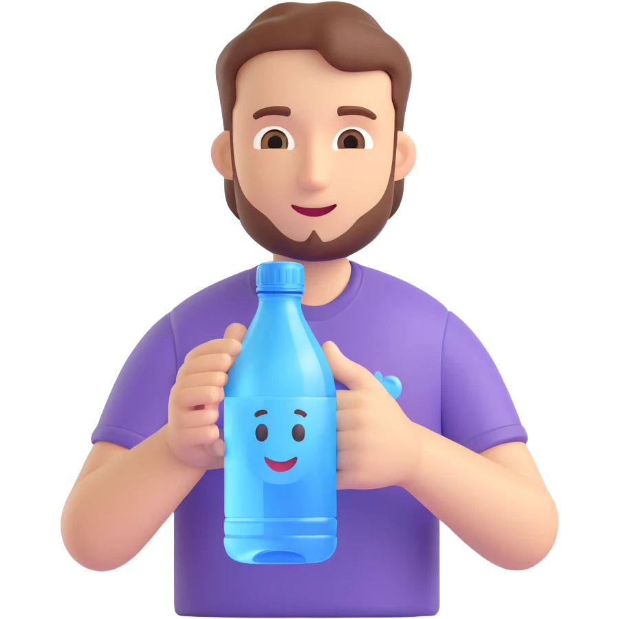 a man carrying a water bottle featuring a water drop logo, 3D emoji style emoji