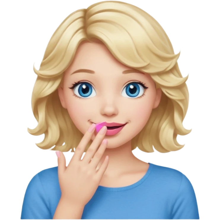Girl Blonde short wavy hair,  blue eyes, cute blue top, long lashes, pink lips, smiling, hand covering the mouth emoji