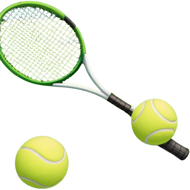 A tennis racket and a ball placed on a grassy court, with the net visible in the background. The scene captures the elegance and energy of the sport, with a vibrant green court and soft sunlight highlighting the equipment. emoji