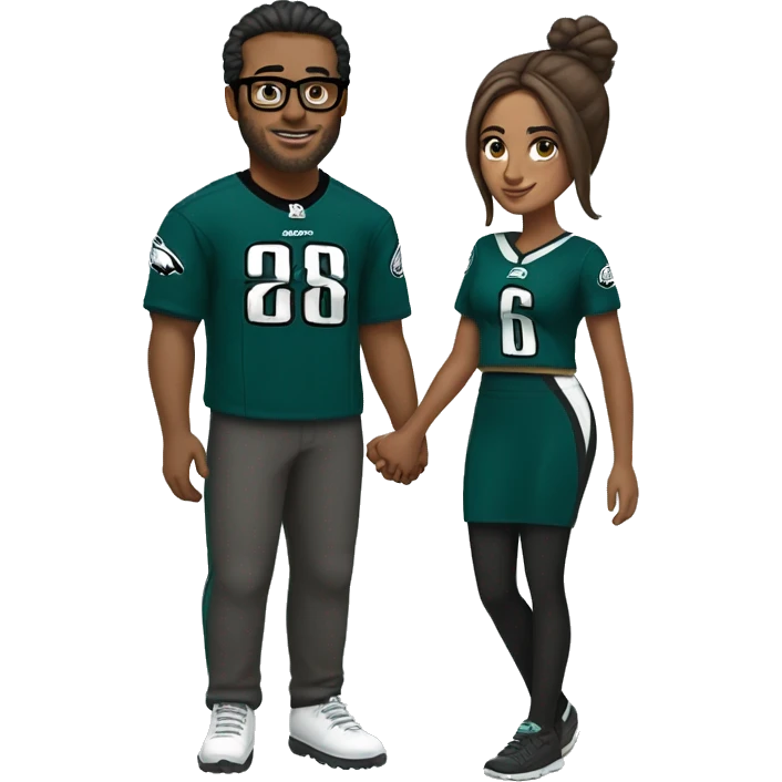 Brown guy and brown girl with glasses and hair in a bun in Philadelphia eagles clothes holding hands emoji