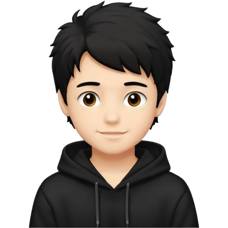 Chłopak ciemno brązowe oczy czarne włosy bluza czarna i taki bardziej żeby wyglądał na 18 latka i trochę usmiechniety i fluffy hair emoji