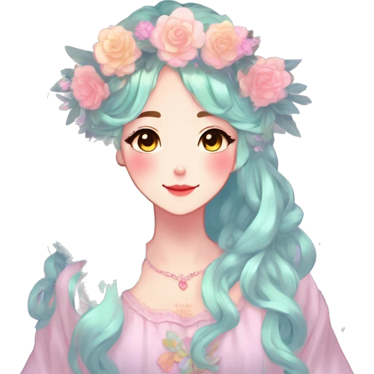 Gorgeous Shiny Colorful Pastel Anime Style Mature Lady with blushing face and pretty hair with a flower crown and antlers pastelcore kawaii cottagecore fairycore aesthetic trending style emoji