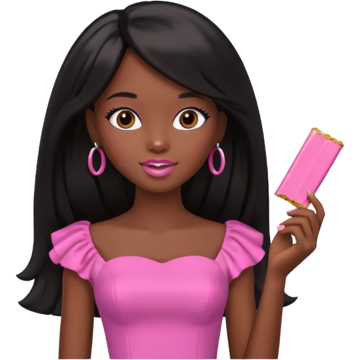 Black barbie, long black  hair, pink dress eating chocalate bar emoji