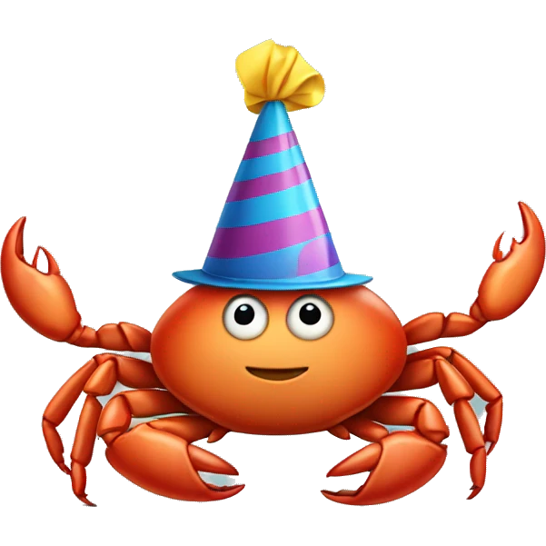 a crab wearing a birthday hat emoji