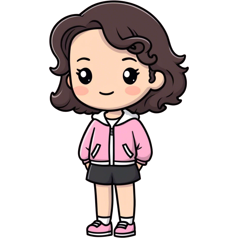 Mulher branca de cabelo ondulado castanho escuro e roupa rosa emoji