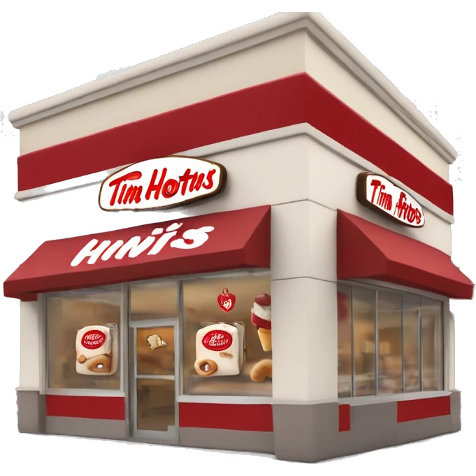 “Tim Hortons store with a red and white color scheme, featuring the classic Tim Hortons logo, a warm and welcoming design that represents a popular coffee and donut shop.” emoji