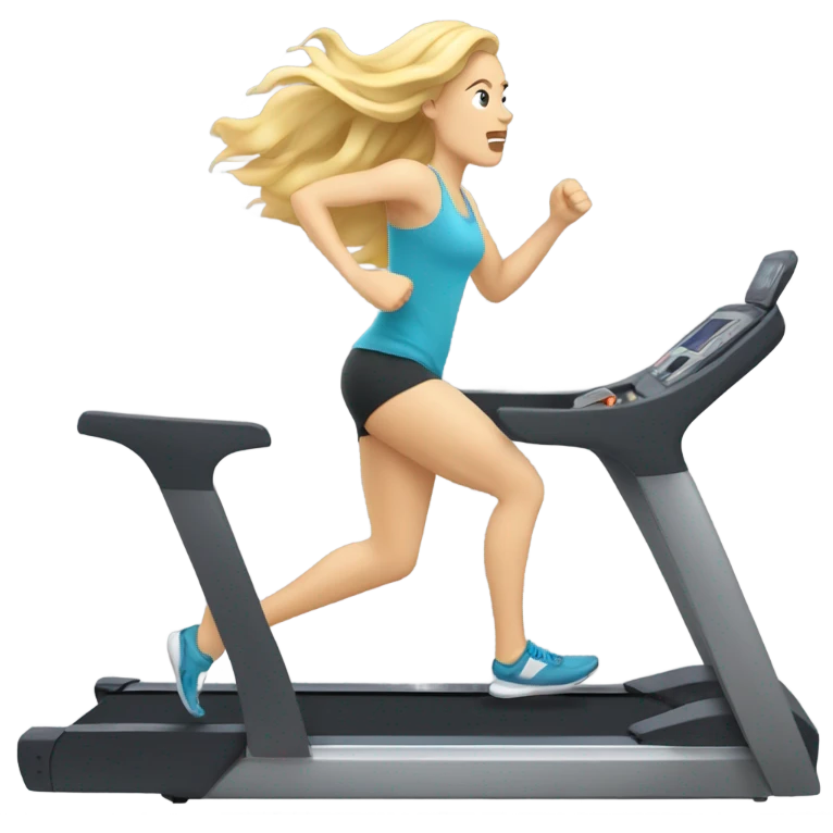 White woman, long hair, blonde hair, wavy hair, treadmill, sweating emoji