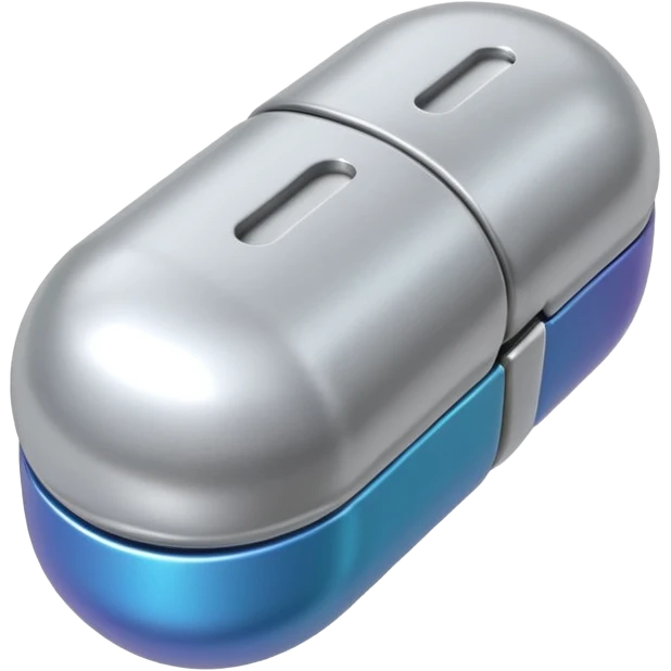 capsule pill emoji, metallic silver halves, smooth glossy finish, futuristic pharmaceutical 3D icon, isolated on white emoji