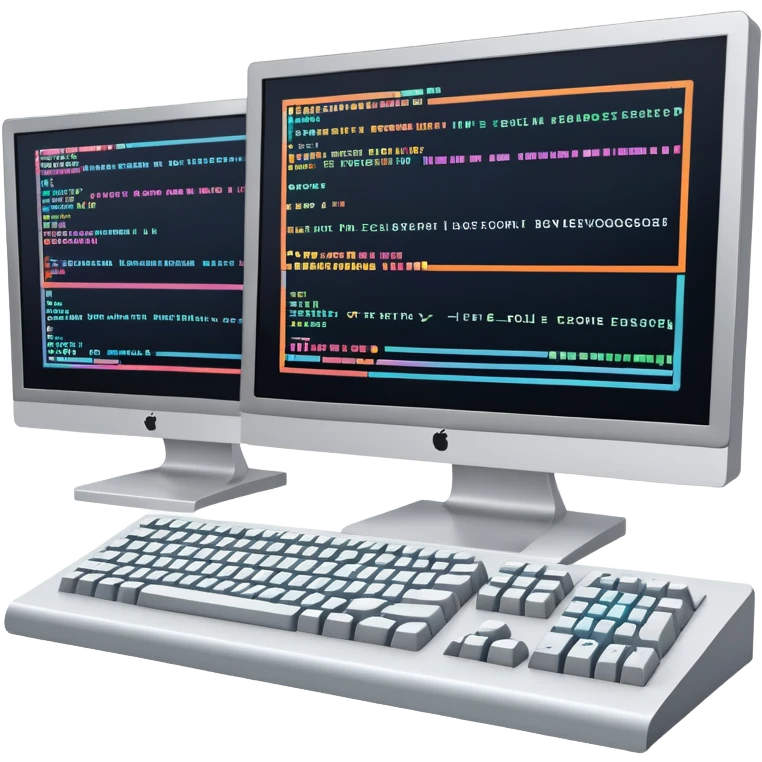 An icon featuring two large monitors filled with colorful code lines, symbolizing programming. The design includes a keyboard, terminal windows, and flowcharts in the background, representing software development, logic, and debugging. Transparent background emoji