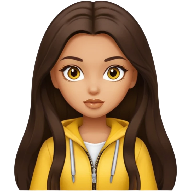 Bratz Sasha Dark brown long hair hazel eyes, yellow outfit emoji