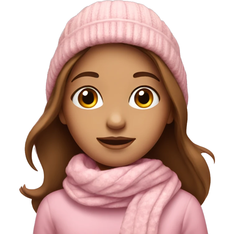 brown haired girl with a pink sweater,white hat and white-pink scarf emoji