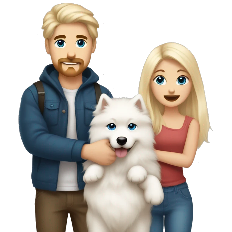 a blonde girl with long hair and blue eyes together with a blonde guy with dark eyes and a mustache are holding a Samoyed puppy in their arms emoji