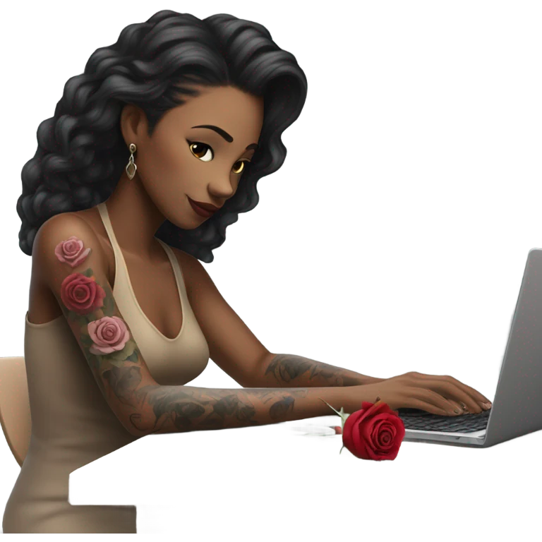 Hyper Realistic beautiful woman model with a small rose tattoo typing on a laptop  emoji