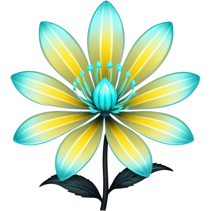 Pastel black and cyan iridescent transparent bio-luminescent flower with yellow stripes emoji