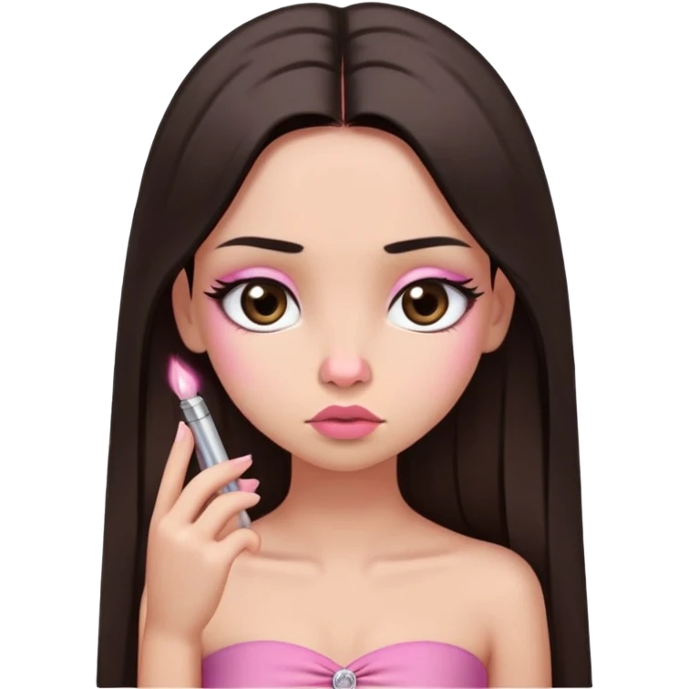 girl with lighter skin, dark brown long straight hair, pouty shiny lips without cupid's bow, large eyes, lighter button nose, long oval-shaped face, wearing a pink bandeau top with straight neckline, looking directly at camera with hands down at sides emoji