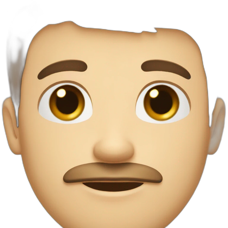 A young Caucasian man with dark brown eyes, almond-shaped eyes, short dark brown hair, and a small dark brown beard with a more prominent mustache. emoji