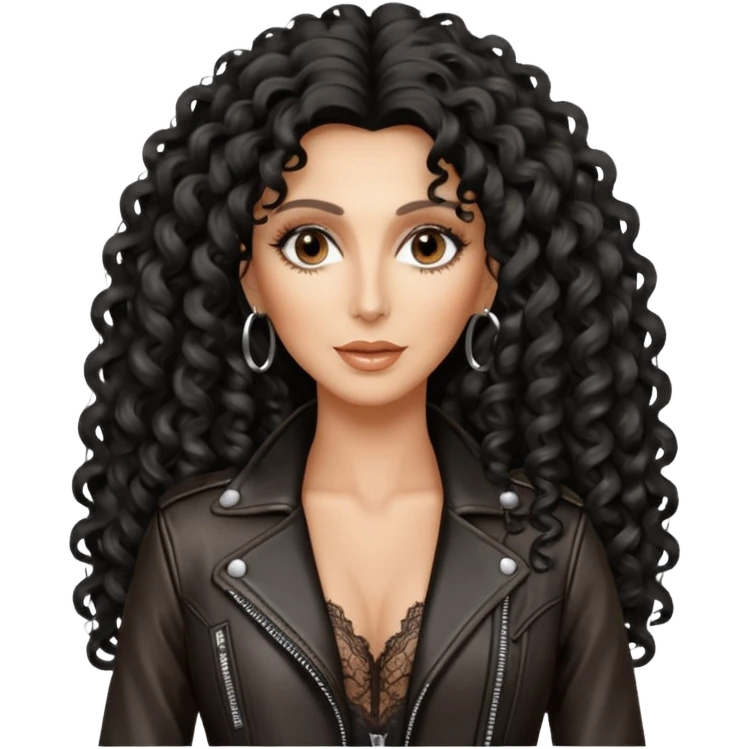 realistic cinematic singer Cher in a typical rocker's attractive outfit with leather and lace, half-naked, huge curly hair like in the video If I Could Turn Back Time emoji