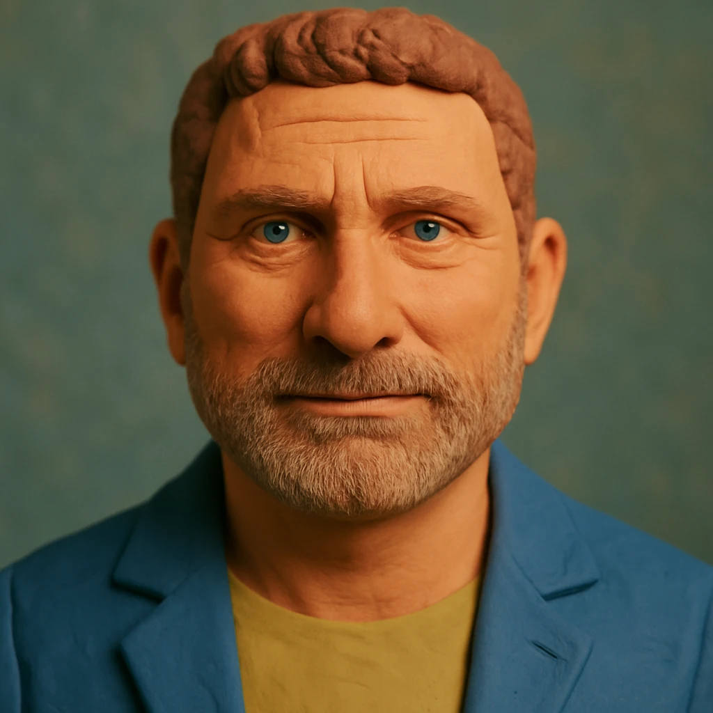Create a claymation portrait that blends the facial features and expression of the person in the photo with the style and facial proportions of the Gerard Butler-inspired claymation art, featuring a narrower face and slightly larger forehead. emoji