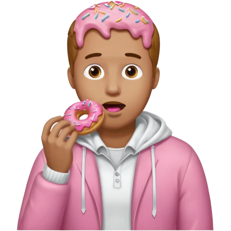 A man eating a pink donut spilling white icing down his face and clothes emoji