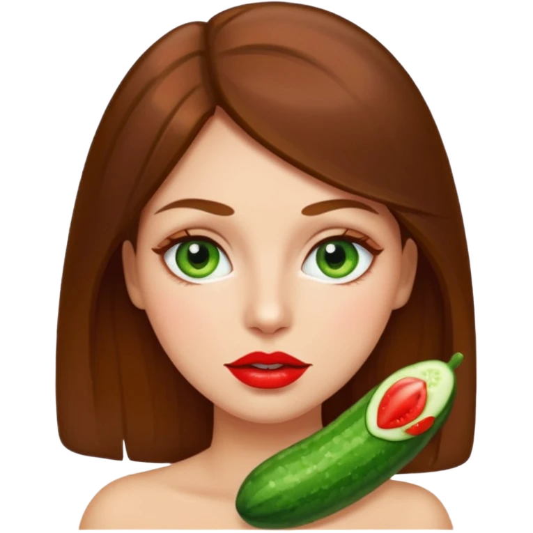 brownhaired woman with red lips and cucumber on eyes emoji