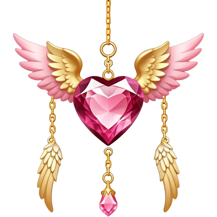Reddish-pinkish and golden warm-colored romantic lush beautiful pretty hanging crystal-catcher aesthetic with hearts and sparkles and and white angel wings hanging from a gold chain emoji