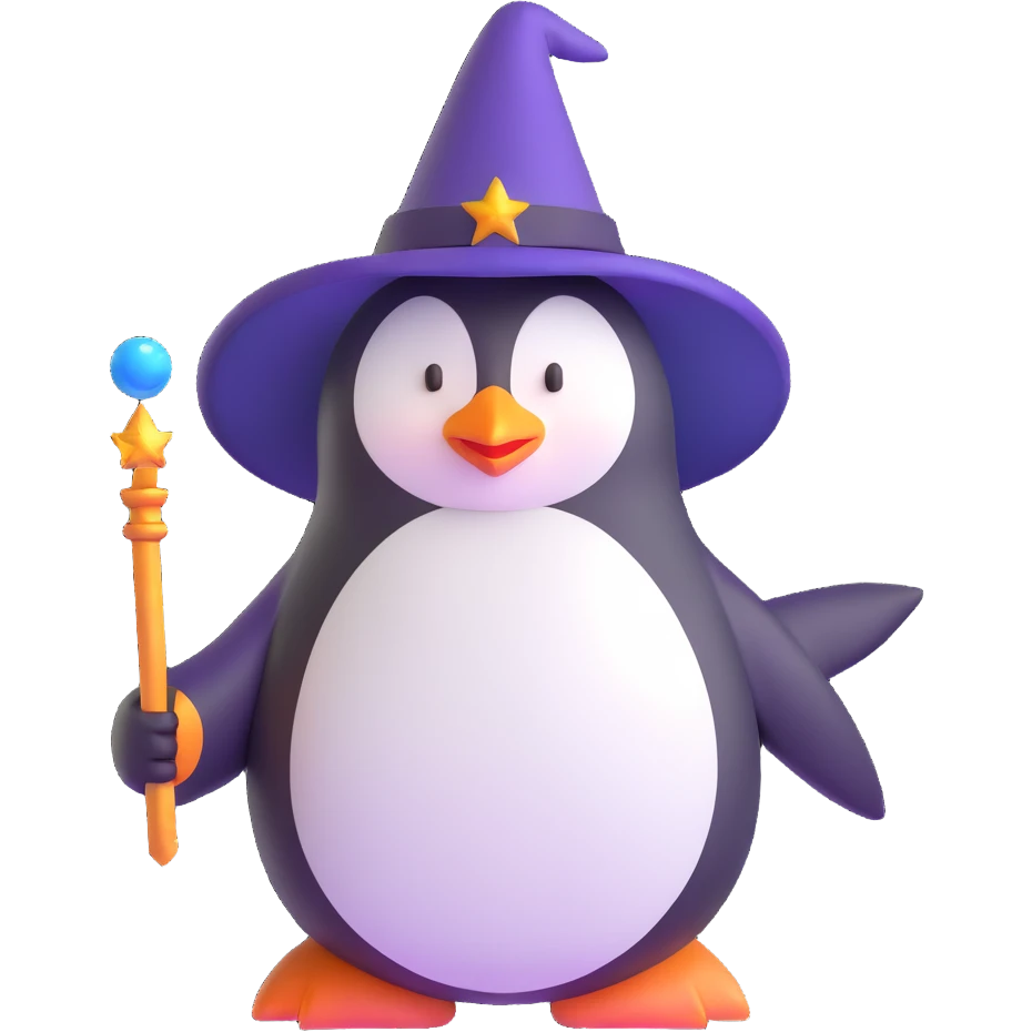 penguin wizard with magic wand and pointed hat emoji