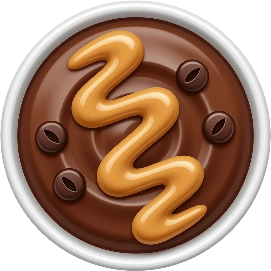Crea un cuenco de pie, de gachas de chocolate con trozitos de chocolate por encimacon y crema de cacahuete esparcida en zigzag y el cuenco este de lado a cámara emoji