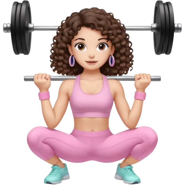 cute balayage brunette long hair curly/wavy haired girl, hoop earrings, clean girl makeup DOING EXERCISE with weights with a cute pastel pink set emoji
